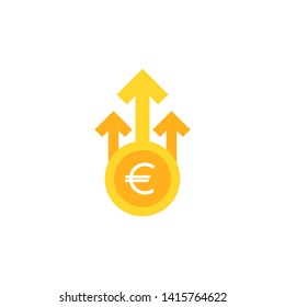 euro growth vector icon. gold korean won coin with three up arrows. Flat icon. Isolated on white. Economy, finance, money, investment symbol. Currency pictogram. Vector illustration.