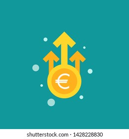 euro growth vector icon. gold korean won coin with three up arrows. Flat icon. Isolated on blue. Economy, finance, money, investment symbol. Currency pictogram. Vector illustration.