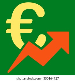 Euro Growth vector icon. Style is bicolor flat symbol, orange and yellow colors, rounded angles, green background.