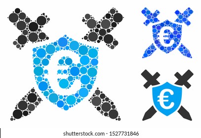 Euro guard shield composition of round dots in different sizes and color tones, based on Euro guard shield icon. Vector dots are combined into blue illustration.