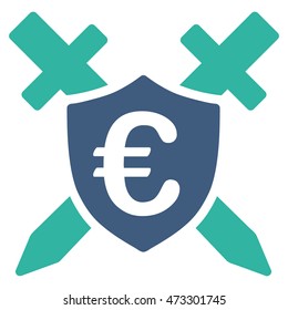 Euro Guard Shield icon. Vector style is bicolor flat iconic symbol with rounded angles, cobalt and cyan colors, white background.