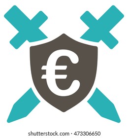 Euro Guard Shield icon. Vector style is bicolor flat iconic symbol with rounded angles, grey and cyan colors, white background.