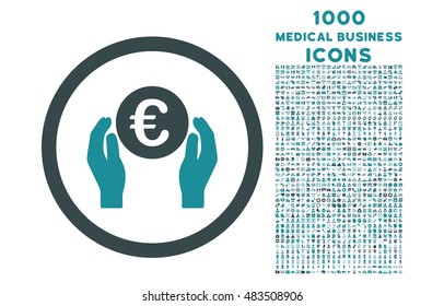 Euro in Hands rounded vector bicolor icon with 1000 medical business icons. Set style is flat pictograms, soft blue colors, white background.