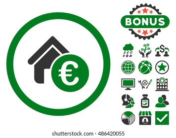 Euro Home Rent icon with bonus pictogram. Vector illustration style is flat iconic bicolor symbols, green and gray colors, white background.