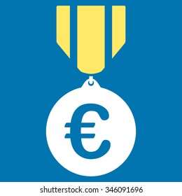 Euro Honor Medal vector icon. Style is bicolor flat symbol, yellow and white colors, rounded angles, blue background.