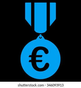 Euro Honor Medal vector icon. Style is flat symbol, blue color, rounded angles, black background.