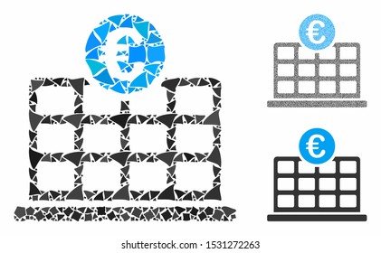 Euro hotel composition of abrupt items in variable sizes and color tints, based on Euro hotel icon. Vector unequal pieces are composed into collage. Euro hotel icons collage with dotted pattern.