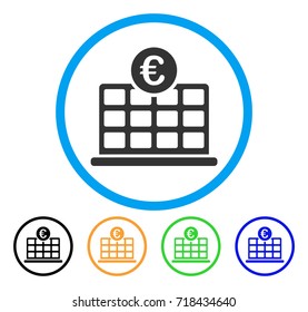 Euro Hotel icon. Vector illustration style is a flat iconic Euro hotel grey rounded symbol inside light blue circle with black, green, blue, yellow color variants.