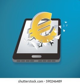 Euro icon Breaking through screen smartphone vector  