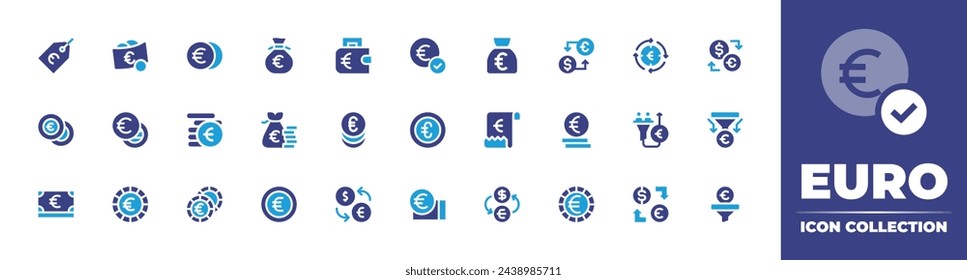 Euro icon collection. Duotone color. Vector and transparent illustration. Containing euro, money bag, money exchange, price tag, earnings, euro coin, coin, bill, currency exchange, exchange rate.