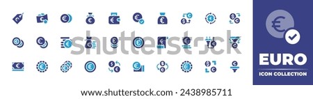 Euro icon collection. Duotone color. Vector and transparent illustration. Containing euro, money bag, money exchange, price tag, earnings, euro coin, coin, bill, currency exchange, exchange rate.