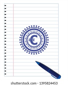 euro icon drawn with pen. Blue ink. Vector Illustration. Detailed.