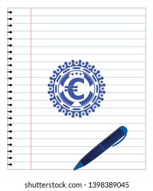 euro icon emblem drawn with pen. Blue ink. Vector Illustration. Detailed.
