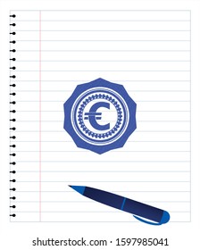 euro icon emblem with pen effect. Blue ink. Vector Illustration. Detailed.