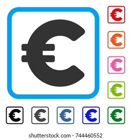 Euro icon. Flat gray iconic symbol inside a blue rounded frame. Black, gray, green, blue, red, orange color additional versions of Euro vector. Designed for web and application user interface.