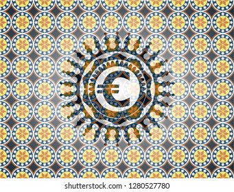 euro icon inside arabic style badge. Arabesque decoration.