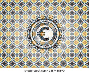 euro icon inside arabic style badge. Arabesque decoration.