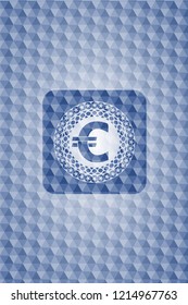 euro icon inside blue emblem with geometric pattern.