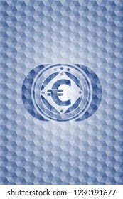 euro icon inside blue emblem or badge with abstract geometric polygonal pattern background.