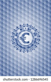 euro icon inside blue emblem with geometric pattern.