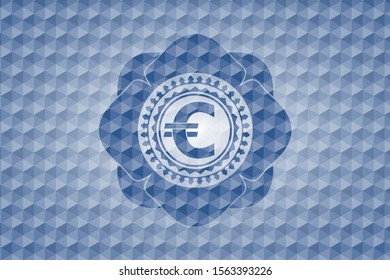 euro icon inside blue emblem or badge with abstract geometric polygonal pattern background.