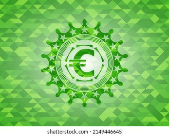 euro icon inside green emblem with mosaic background. 