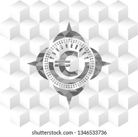 euro icon inside grey badge with geometric cube white background