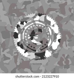 euro icon inside grey camo texture. 