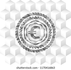 euro icon inside grey emblem with geometric cube white background