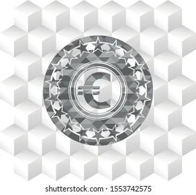 euro icon inside grey emblem. Retro with geometric cube white background