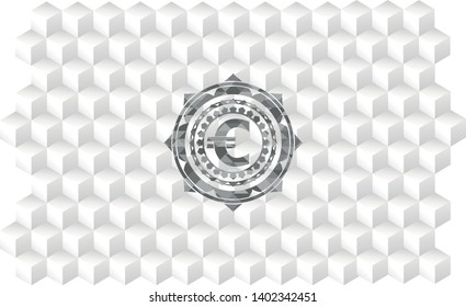 euro icon inside realistic grey emblem with geometric cube white background