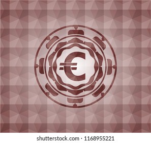 euro icon inside red emblem with geometric pattern background. Seamless.