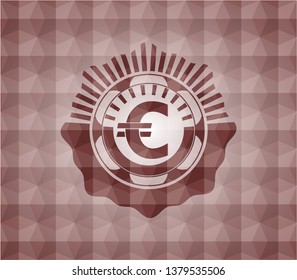 euro icon inside red emblem or badge with geometric pattern background. Seamless.