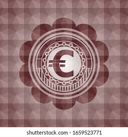 euro icon inside red emblem or badge with geometric pattern background. Seamless.