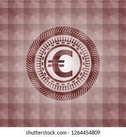 euro icon inside red seamless emblem or badge with abstract geometric pattern background.