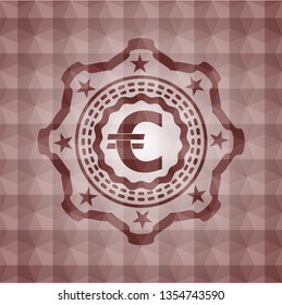 euro icon inside red seamless emblem or badge with abstract geometric pattern background.