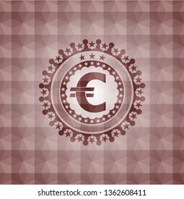 euro icon inside red seamless emblem or badge with abstract geometric polygonal pattern background.