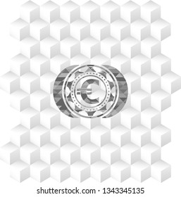 euro icon inside retro style grey emblem with geometric cube white background