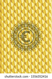 euro icon inside shiny golden badge. Scales pattern. Vector Illustration. Detailed.