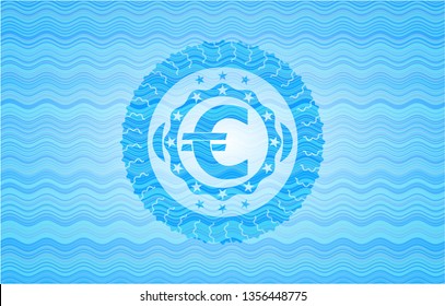 euro icon inside sky blue water emblem background.