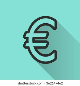 Euro  icon with long shadow, flat design. Vector illustration.