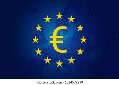 Euro-Symbol auf EU-Flagge - Hintergrund der EU. Europa-Karte, Hintergrund. Vektorgrafik