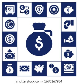 euro icon set. 17 filled euro icons. Included Strongbox, Coin, Dollar, Money, Piggy bank, Money bag, Money exchange, Coins icons