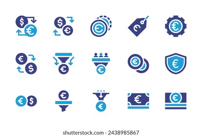 Euro icon set. Duotone color. Vector illustration. Containing price tag, euro coin, euro, exchange, gear, currency, insurance, money exchange, money, currency exchange, revenue, sales pipeline.