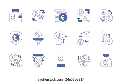 Euro icon set. Duotone style line stroke and bold. Vector illustration. Containing euro, money bag, coin, smartphone, shield, price, exchange, currency exchange, currency, sales pipeline, change.