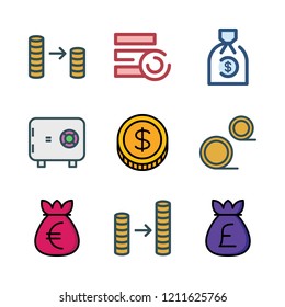 euro icon set. vector set about coins, coin, money bag and coin stack icons set.
