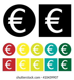 Euro Icon Set Vector Symbol Sign Coin black white red yellow gold green blue Money