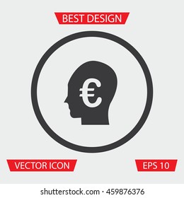 Euro Icon - Vector illustration of euro icon in human head. Isolated in circle, on gray background. Currency Icon. Finance Icon. Head Icon.