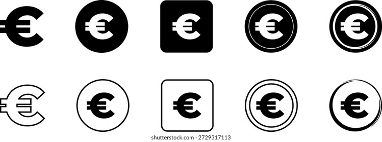 Conjunto de iconos de Vector de iconos de euro con estilo relleno y delineado en negro.