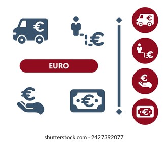 Euro icons. Armored truck, job, career, businessman, wealth, hand, Euro bill, cash, money icon. Professional, 32x32 pixel perfect vector icon.